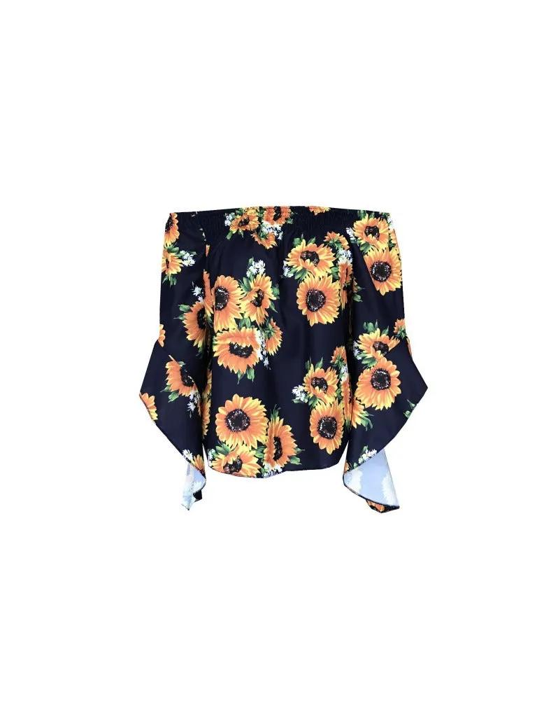 Off Shoulder Flared Sleeve Tops Sunflower Printed Blouse
