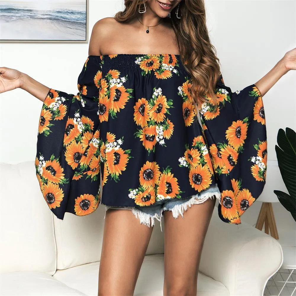 Off Shoulder Flared Sleeve Tops Sunflower Printed Blouse