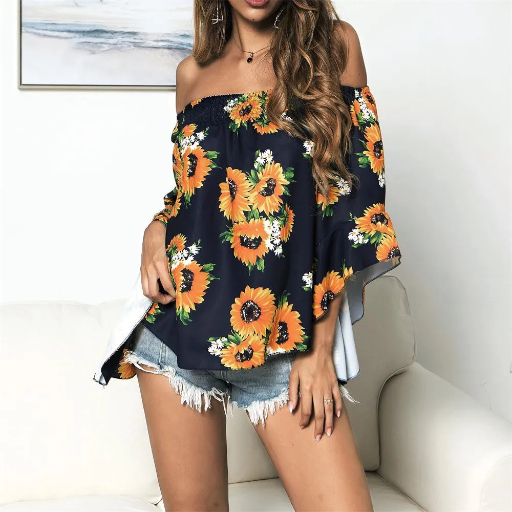 Off Shoulder Flared Sleeve Tops Sunflower Printed Blouse