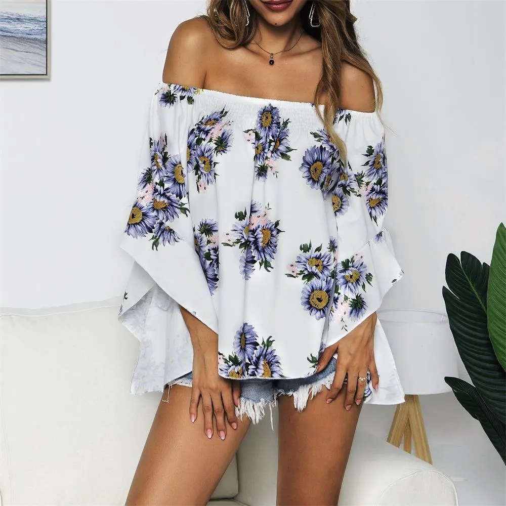 Off Shoulder Flared Sleeve Tops Sunflower Printed Blouse