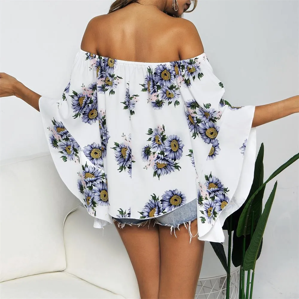 Off Shoulder Flared Sleeve Tops Sunflower Printed Blouse