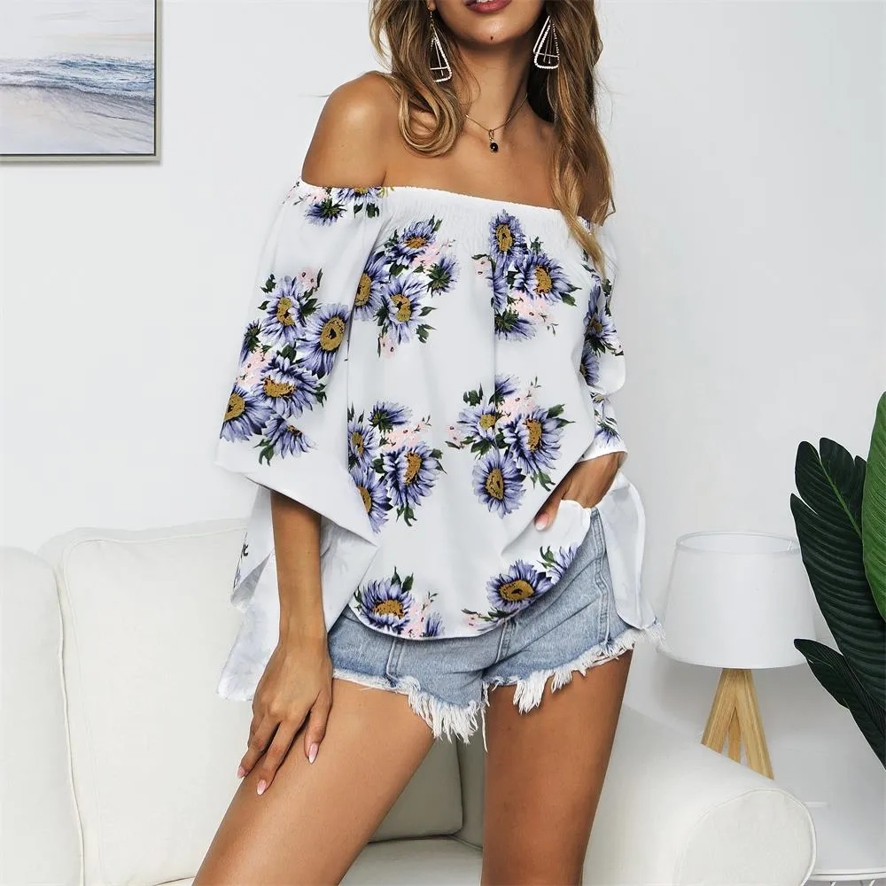 Off Shoulder Flared Sleeve Tops Sunflower Printed Blouse