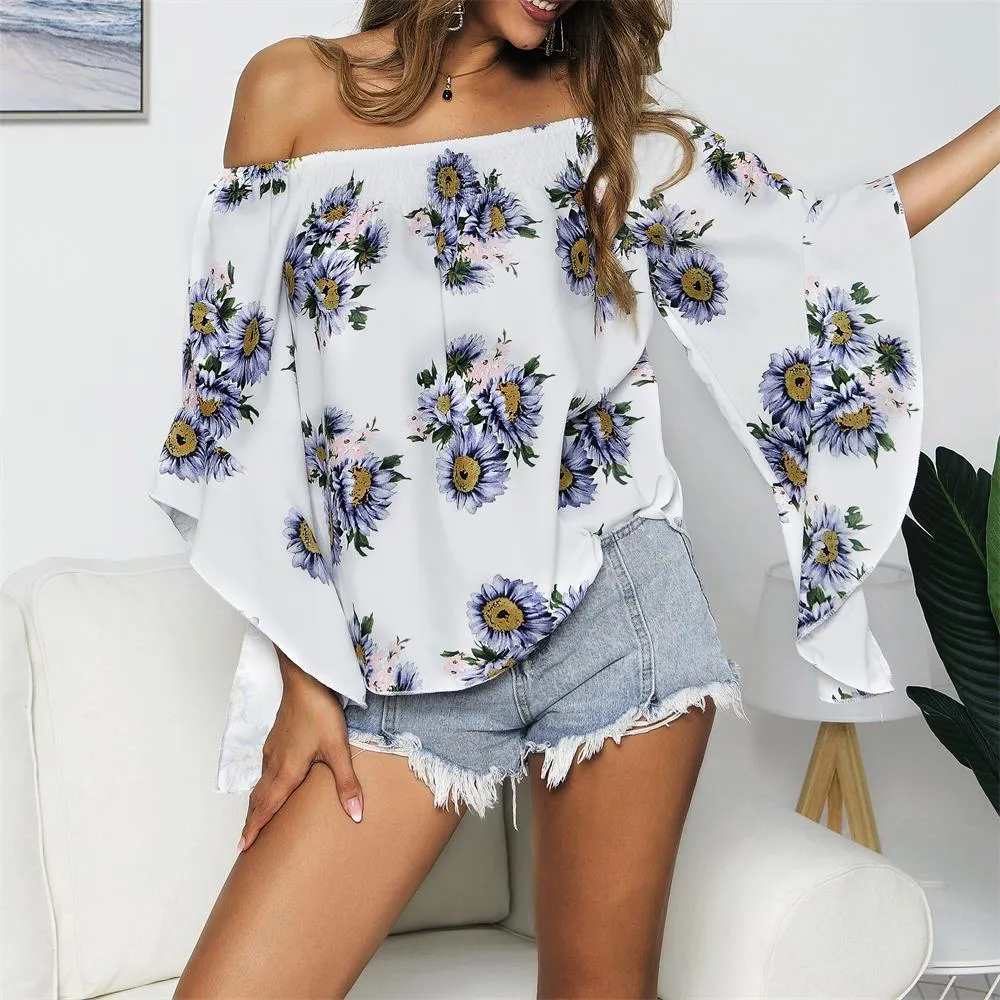 Off Shoulder Flared Sleeve Tops Sunflower Printed Blouse