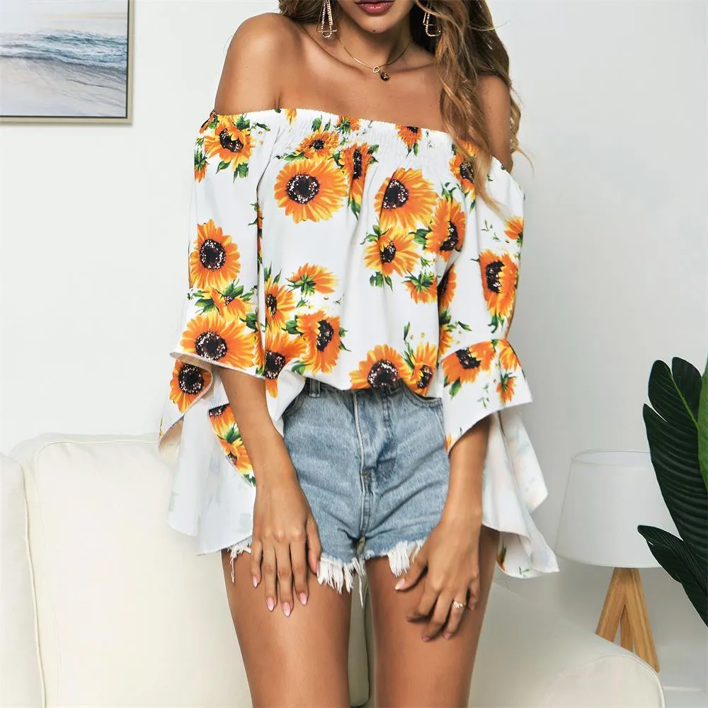 Off Shoulder Flared Sleeve Tops Sunflower Printed Blouse