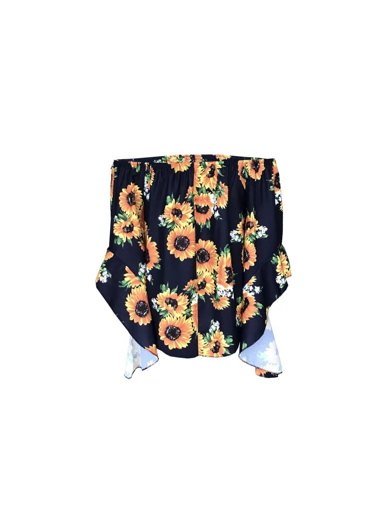 Off Shoulder Flared Sleeve Tops Sunflower Printed Blouse