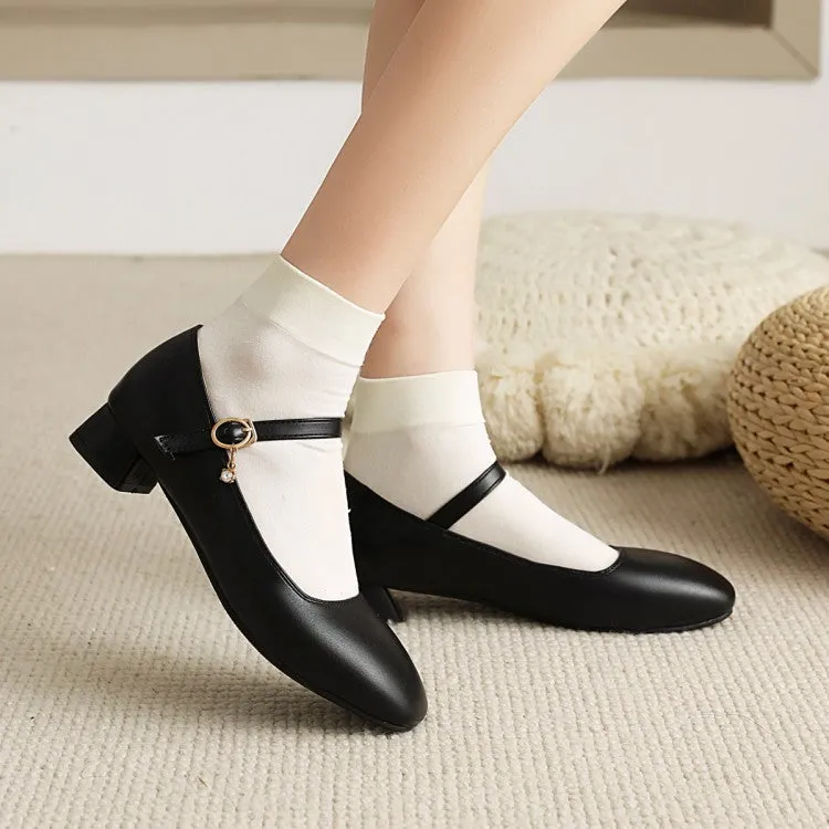 One Buckle Strap Mary Janes Low Heels Women's Pumps Cowhide Sole