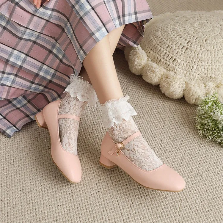 One Buckle Strap Mary Janes Low Heels Women's Pumps Cowhide Sole