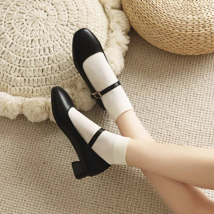 One Buckle Strap Mary Janes Low Heels Women's Pumps Cowhide Sole