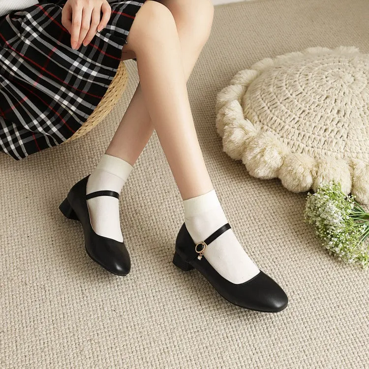 One Buckle Strap Mary Janes Low Heels Women's Pumps Cowhide Sole