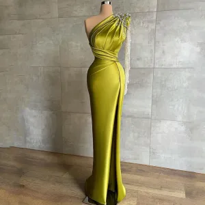 One Shoulder Beadings High Split dress