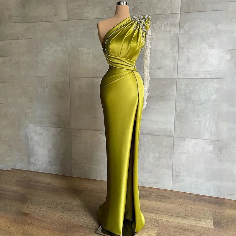 One Shoulder Beadings High Split dress
