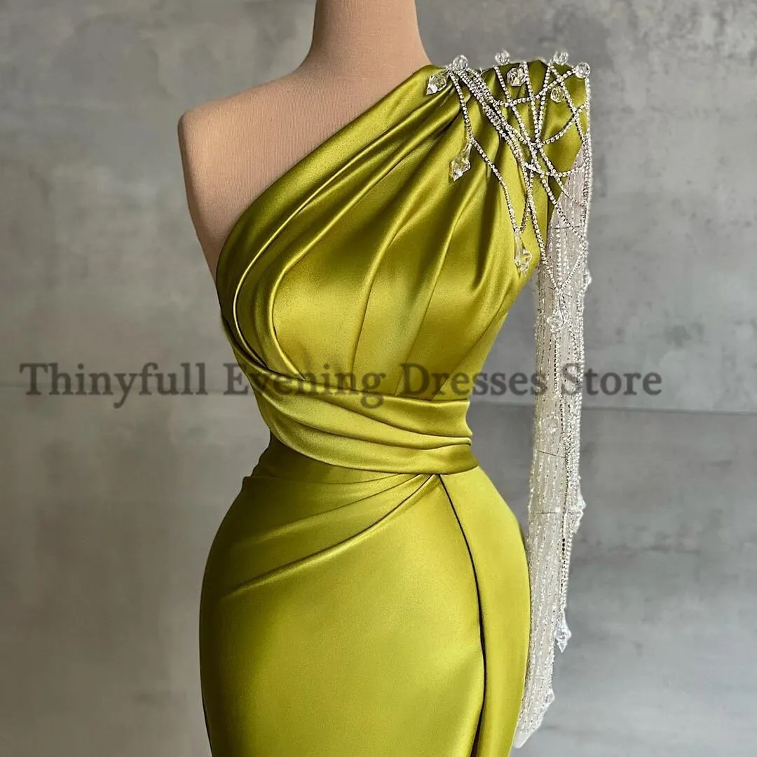 One Shoulder Beadings High Split dress