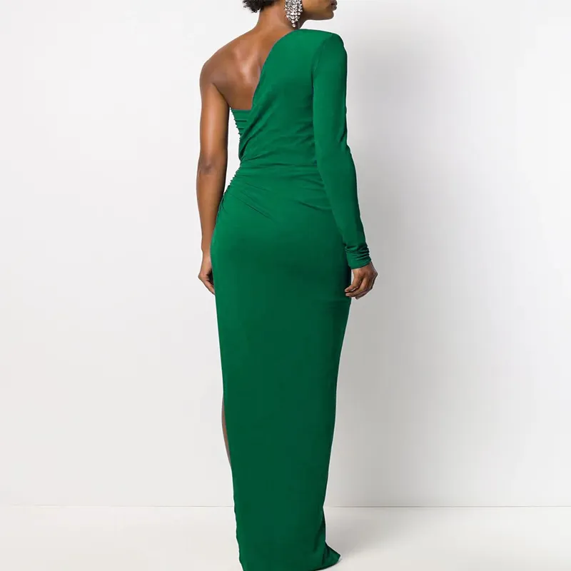 One Shoulder Long Sleeve Asymmetrical Ruched Evening Dress