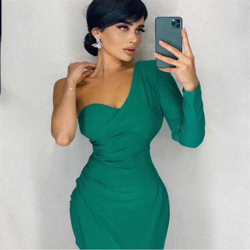 One Shoulder Long Sleeve Asymmetrical Ruched Evening Dress