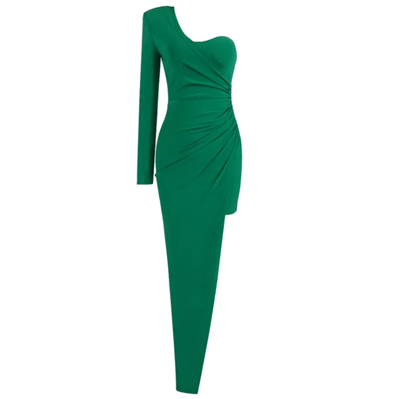 One Shoulder Long Sleeve Asymmetrical Ruched Evening Dress