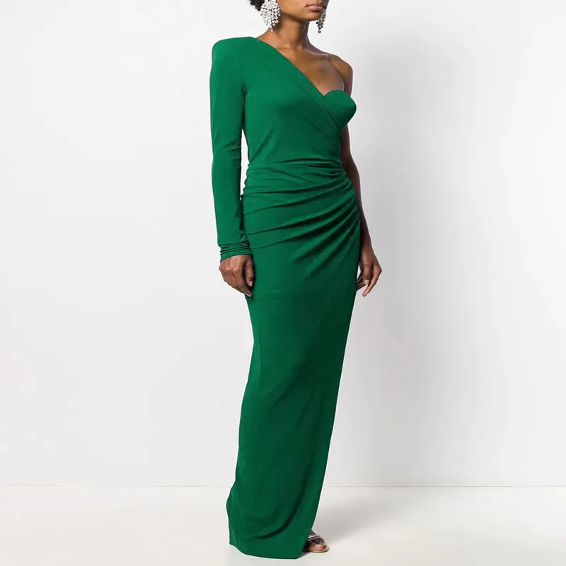 One Shoulder Long Sleeve Asymmetrical Ruched Evening Dress