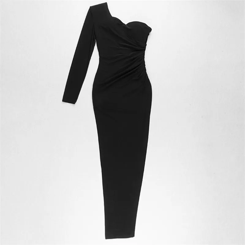 One Shoulder Long Sleeve Asymmetrical Ruched Evening Dress