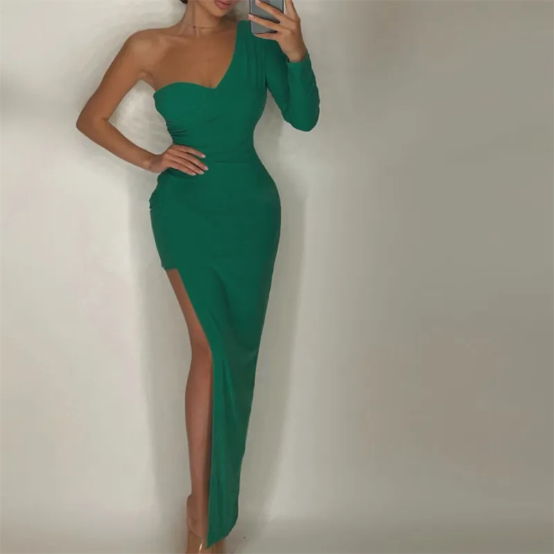 One Shoulder Long Sleeve Asymmetrical Ruched Evening Dress