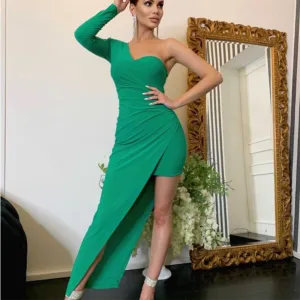 One Shoulder Long Sleeve Asymmetrical Ruched Evening Dress