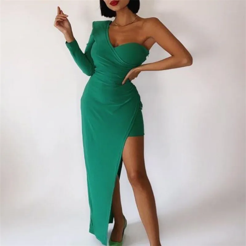One Shoulder Long Sleeve Asymmetrical Ruched Evening Dress