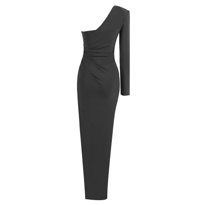 One Shoulder Long Sleeve Asymmetrical Ruched Evening Dress