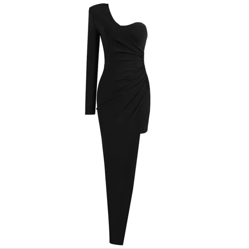 One Shoulder Long Sleeve Asymmetrical Ruched Evening Dress