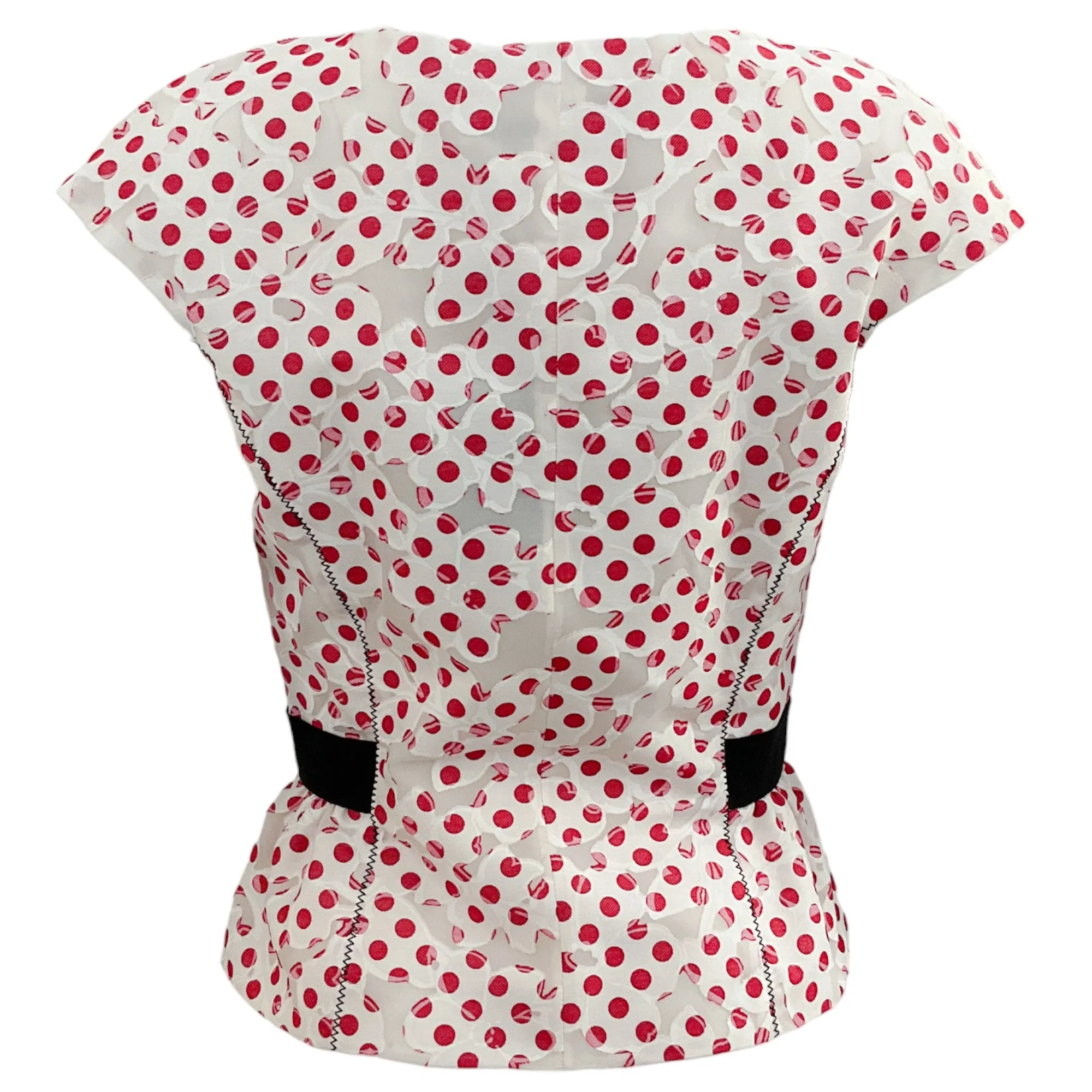 Oscar de la Renta White Cotton Peplum Top with Red Polka Dots