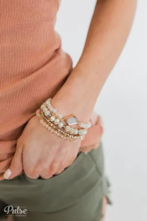Oval & Stone Bracelet Set- Gold & Ivory