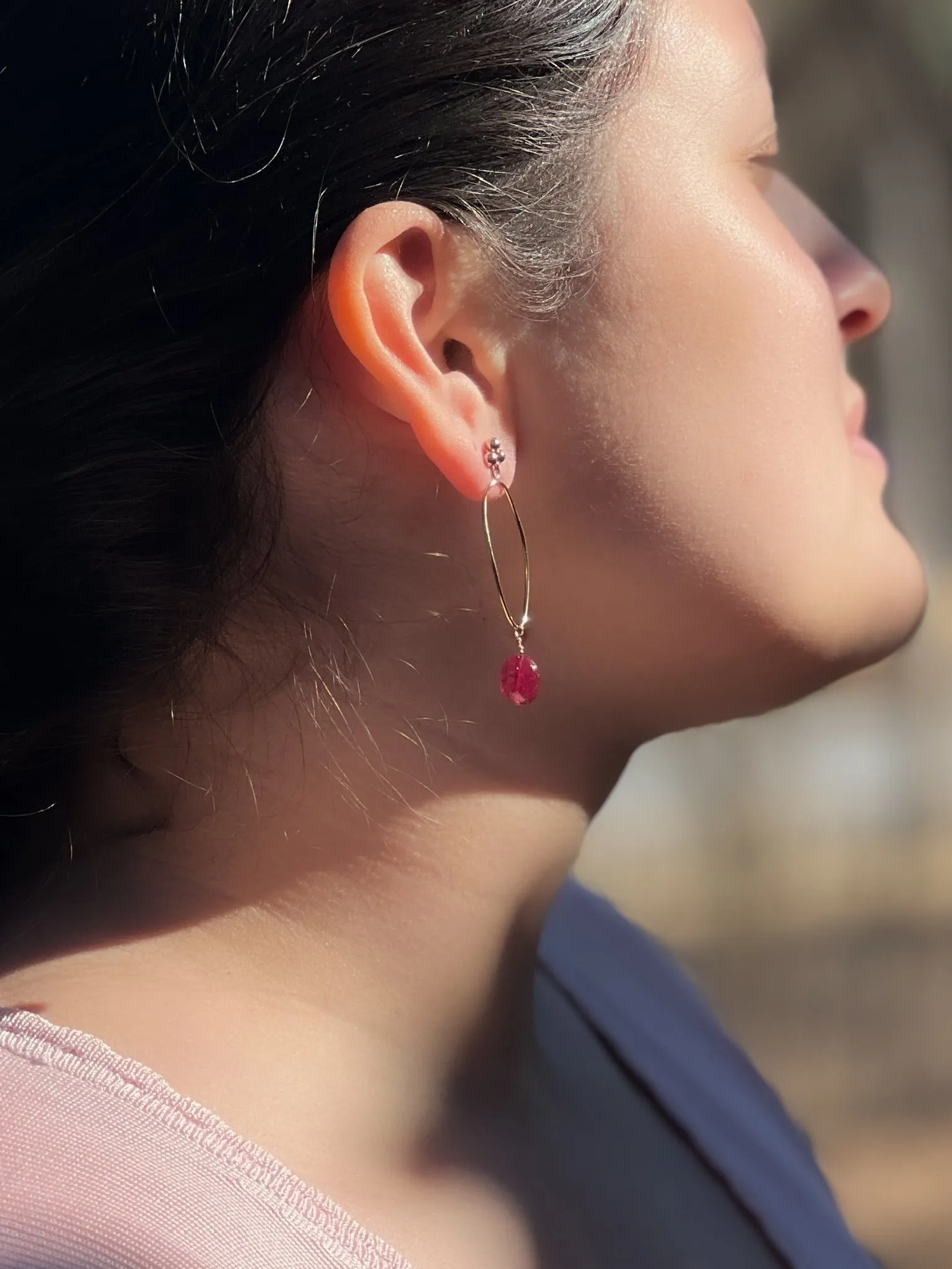 Oval Hoop Earring with Ruby Drop