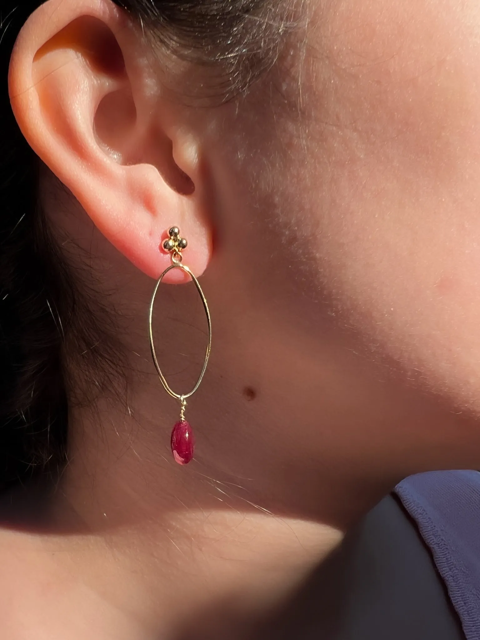 Oval Hoop Earring with Ruby Drop