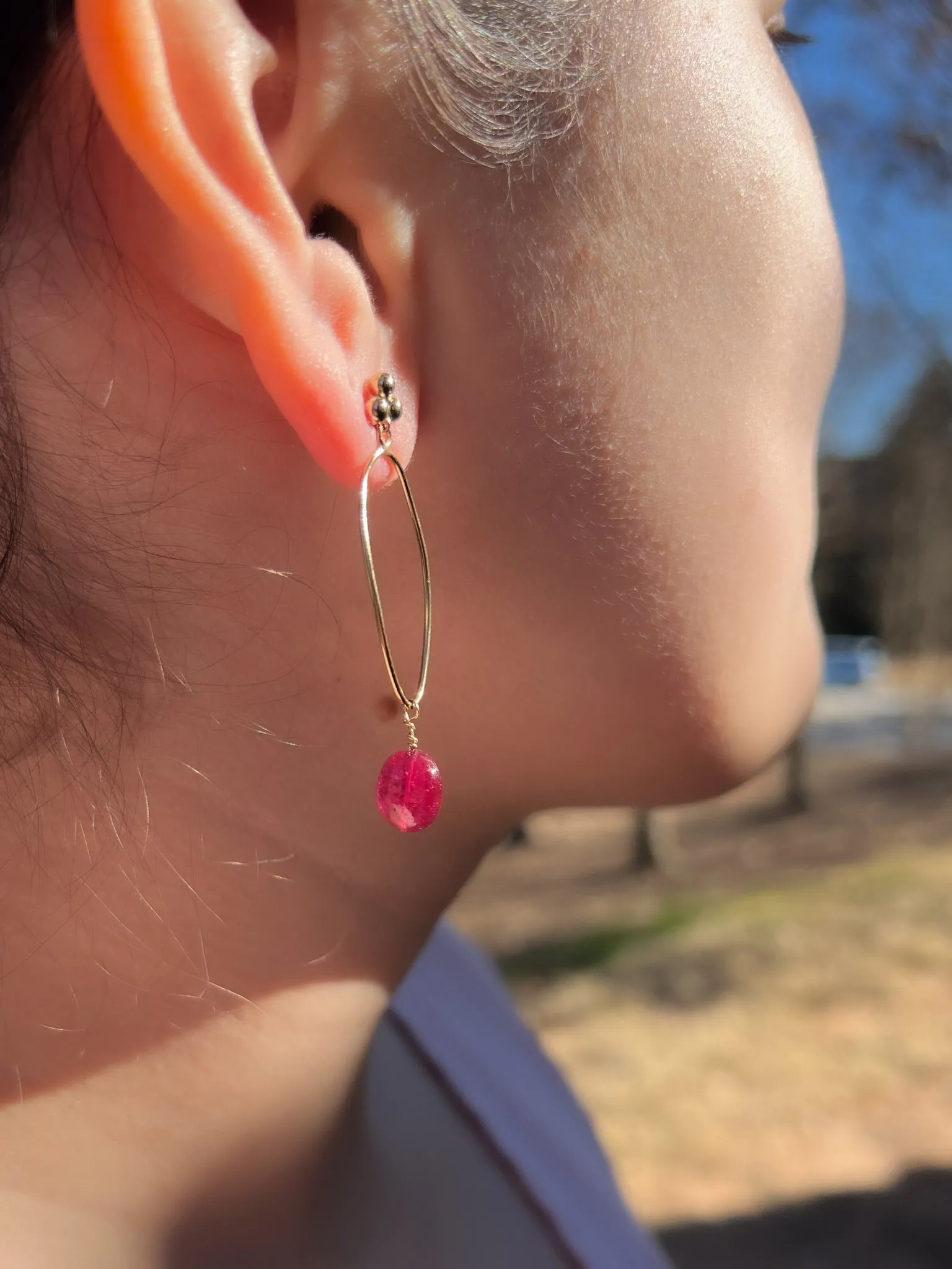 Oval Hoop Earring with Ruby Drop