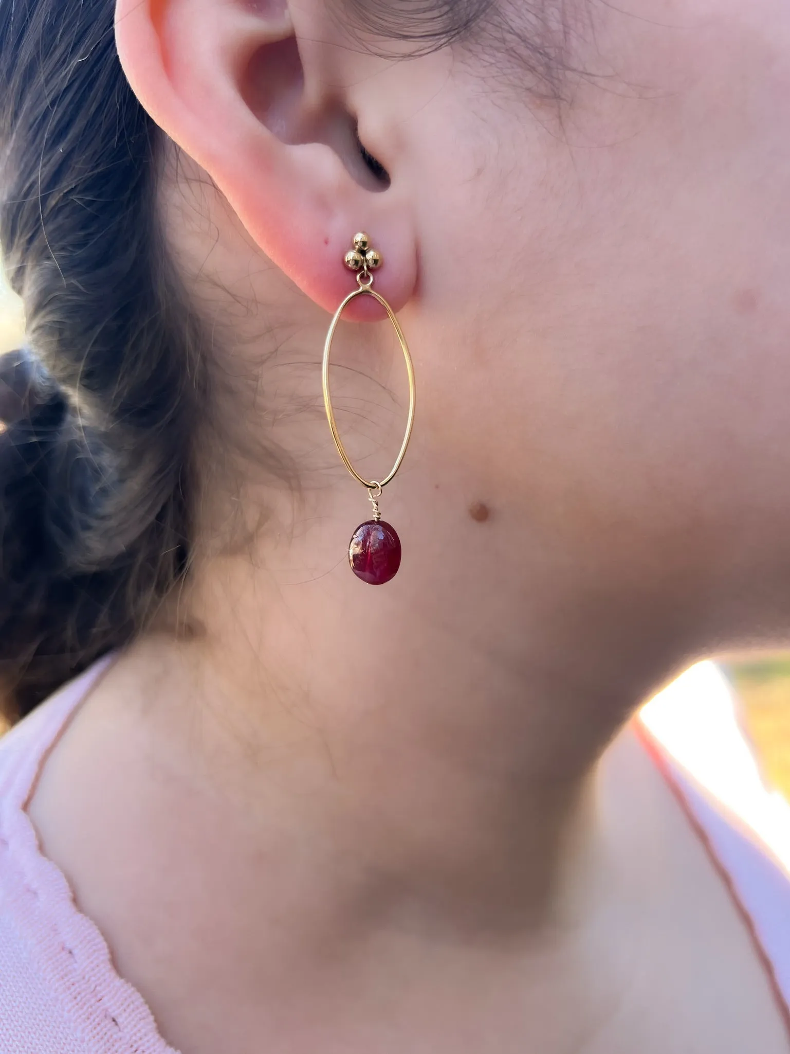 Oval Hoop Earring with Ruby Drop
