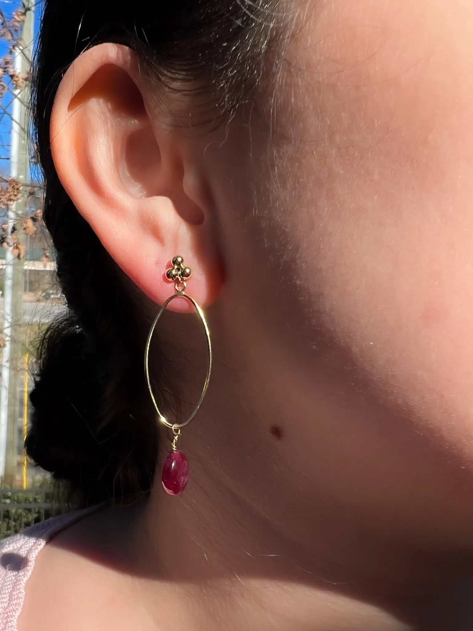 Oval Hoop Earring with Ruby Drop