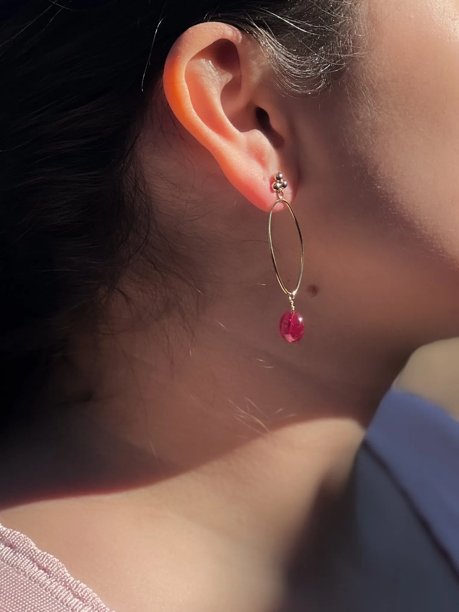 Oval Hoop Earring with Ruby Drop