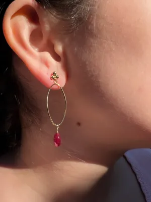 Oval Hoop Earring with Ruby Drop
