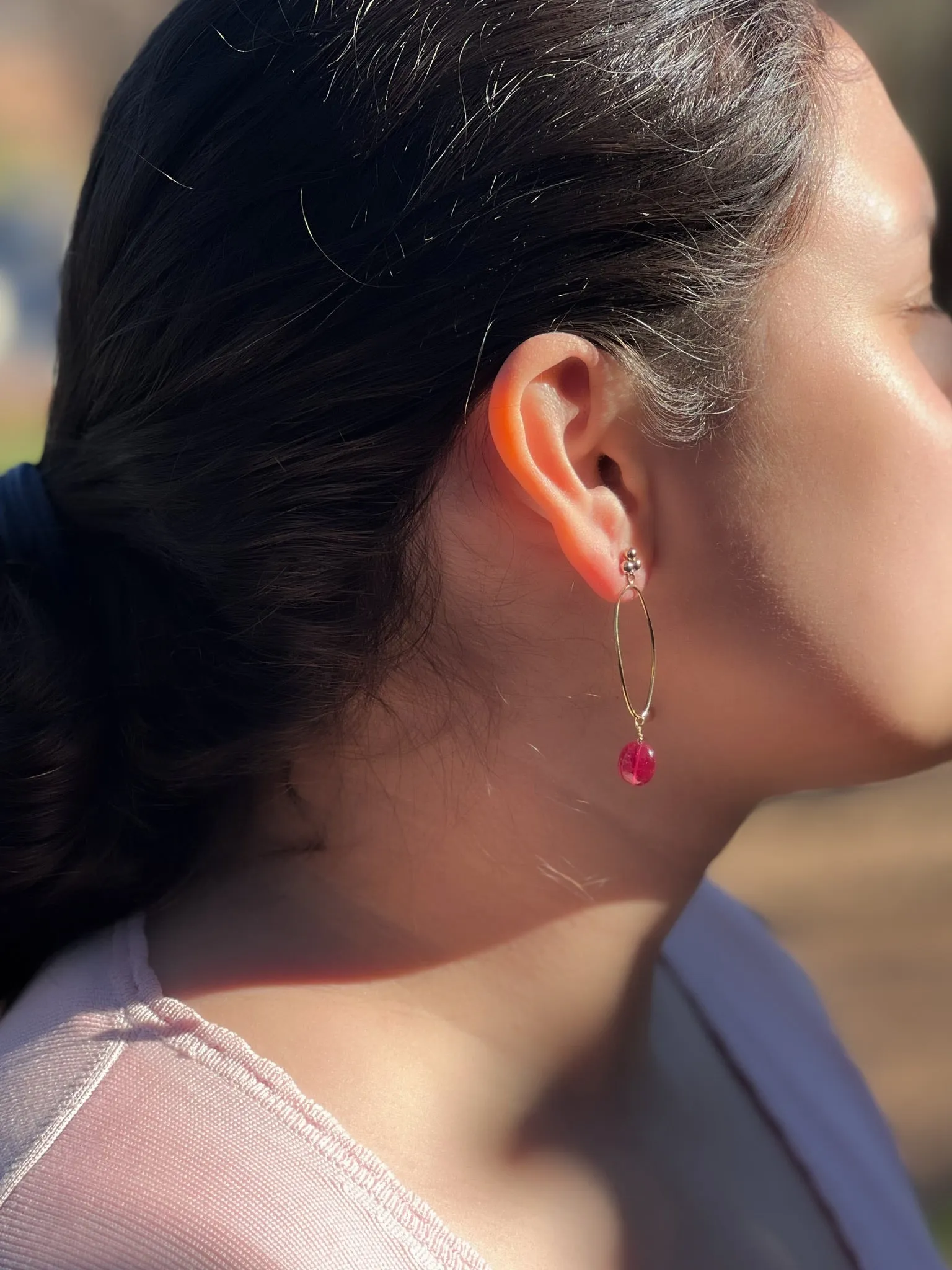 Oval Hoop Earring with Ruby Drop