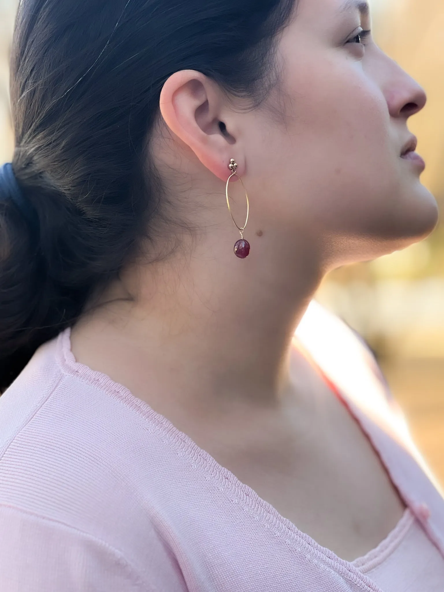 Oval Hoop Earring with Ruby Drop