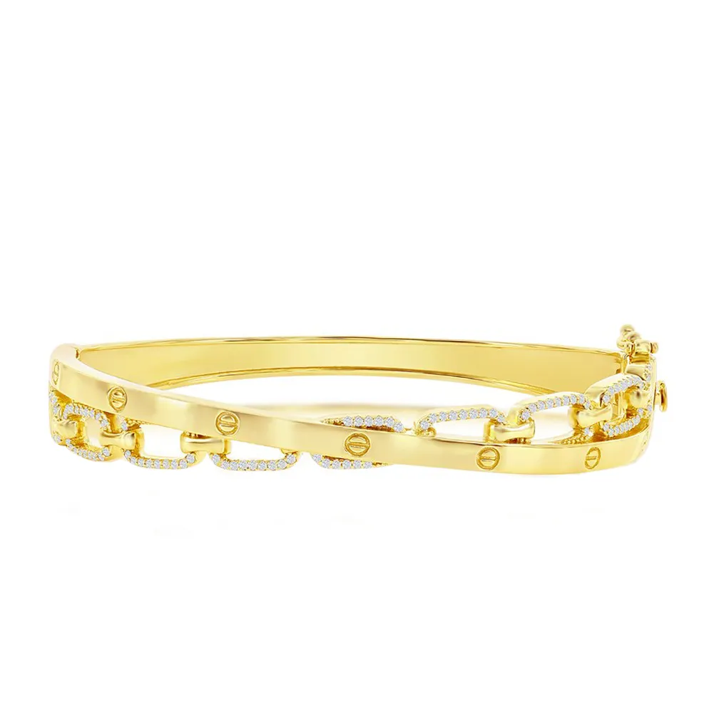 Overlapped Sparkle Link and Polished Screw Bangle Bracelet