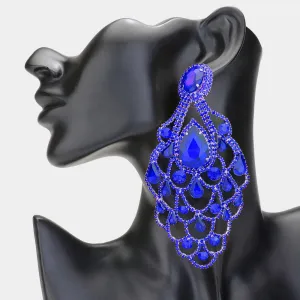Oversize Blue Teardrop Stone Chandelier Statement Earrings on Gold | Pageant Earrings | 618870