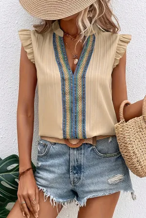 Parchment Contrast Trim Notched Neck Ruffle Sleeve Blouse