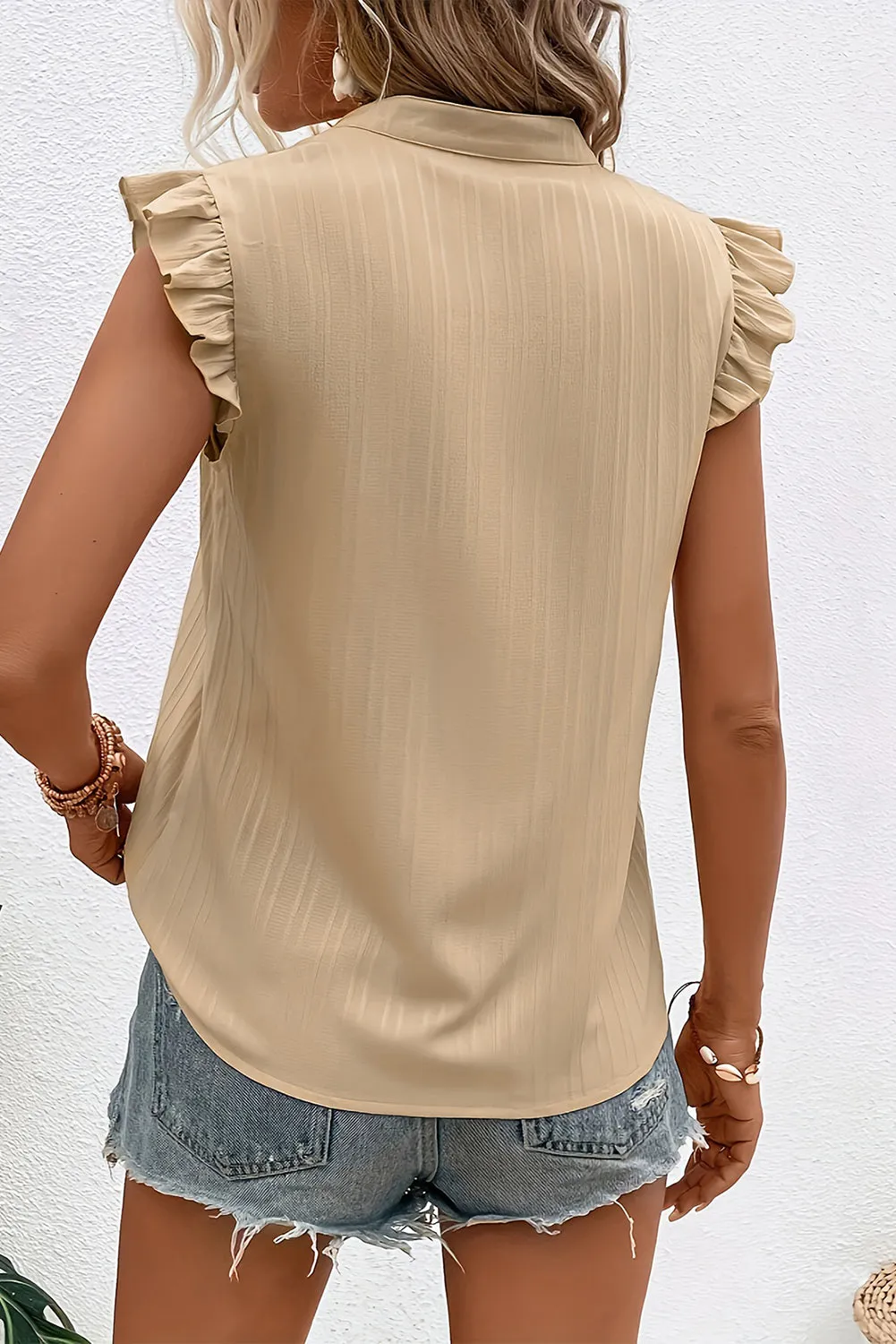 Parchment Contrast Trim Notched Neck Ruffle Sleeve Blouse