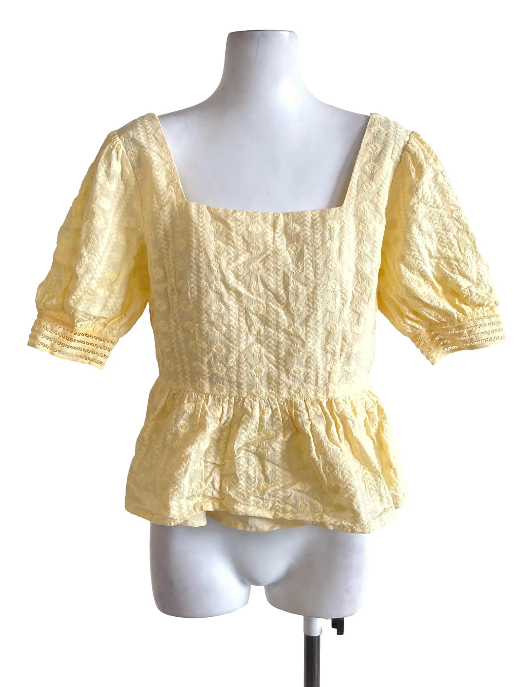 Pastel Yellow Floral Hollow Peplum Top