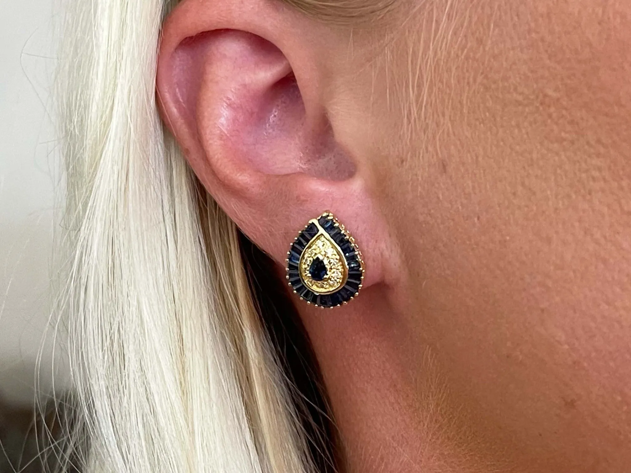Pear Shaped Sapphire Halo and Diamond Stud Earrings in 18k Yellow Gold