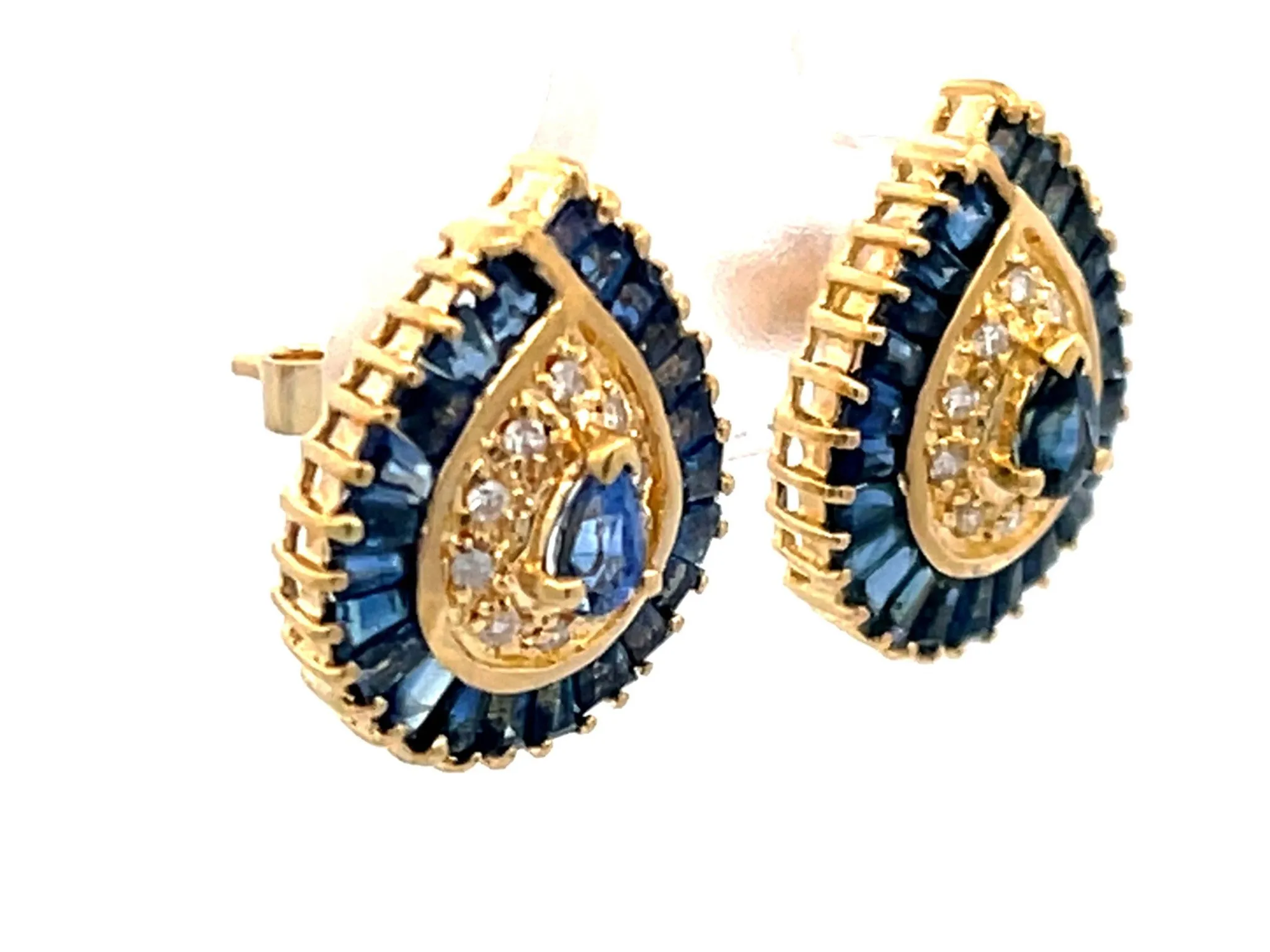 Pear Shaped Sapphire Halo and Diamond Stud Earrings in 18k Yellow Gold