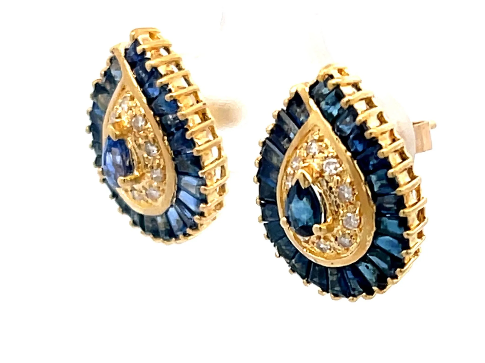 Pear Shaped Sapphire Halo and Diamond Stud Earrings in 18k Yellow Gold