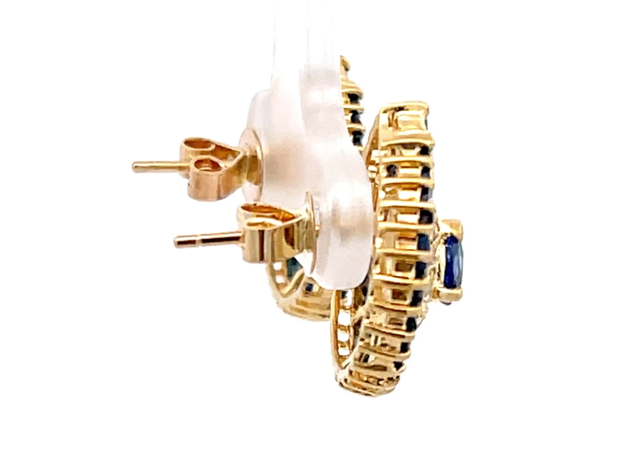 Pear Shaped Sapphire Halo and Diamond Stud Earrings in 18k Yellow Gold