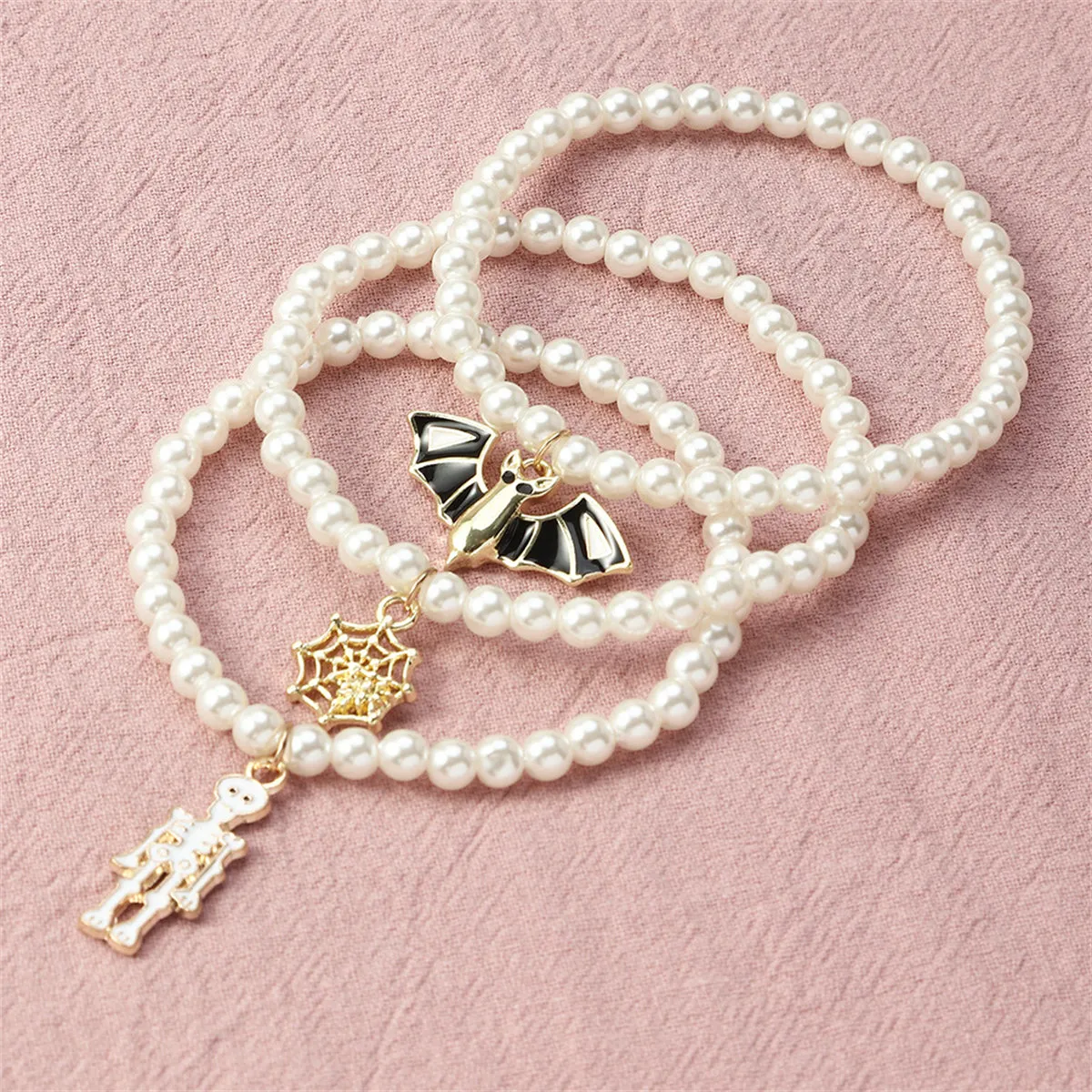 Pearl & Enamel 18K Gold-Plated Bat Stretch Charm Bracelet Set