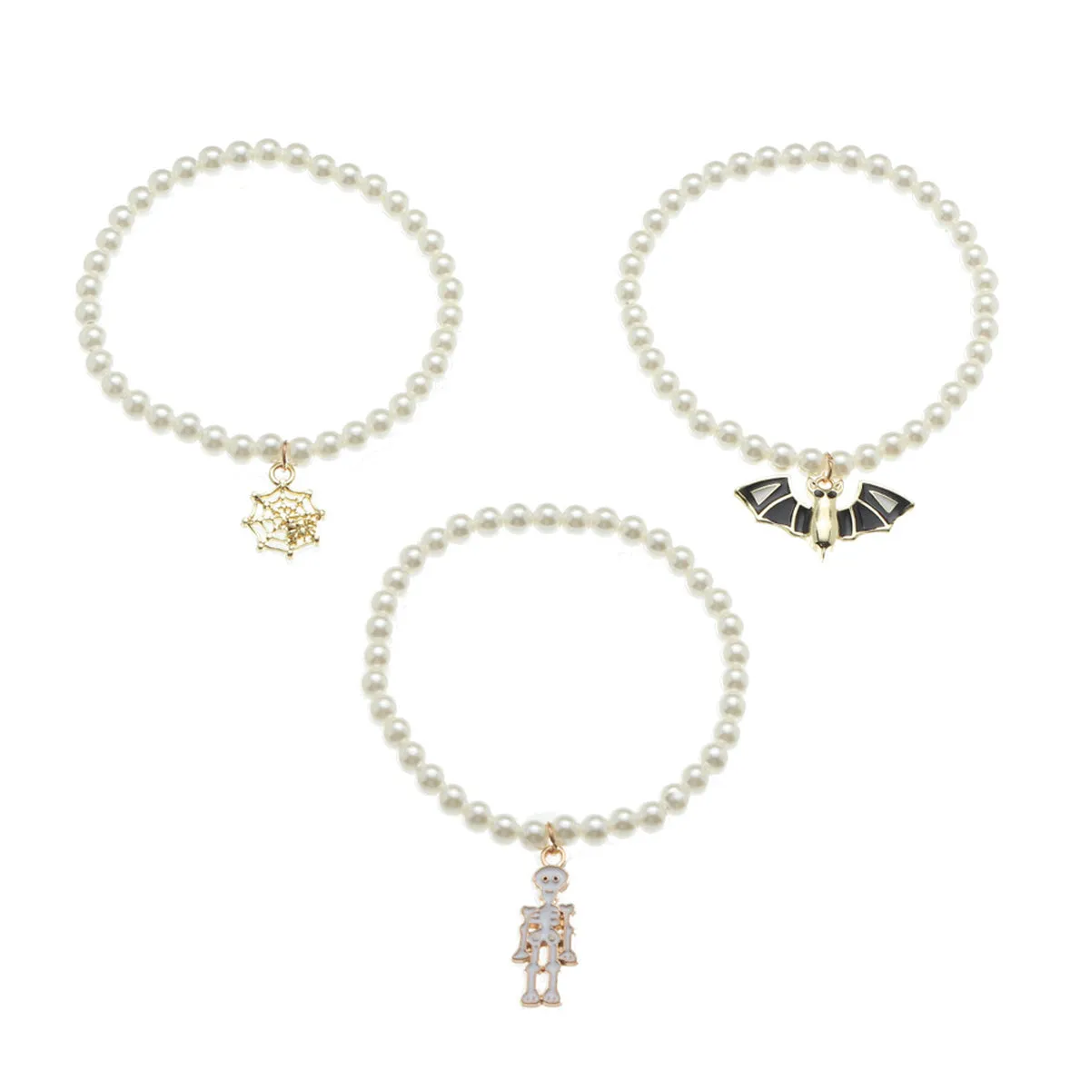 Pearl & Enamel 18K Gold-Plated Bat Stretch Charm Bracelet Set