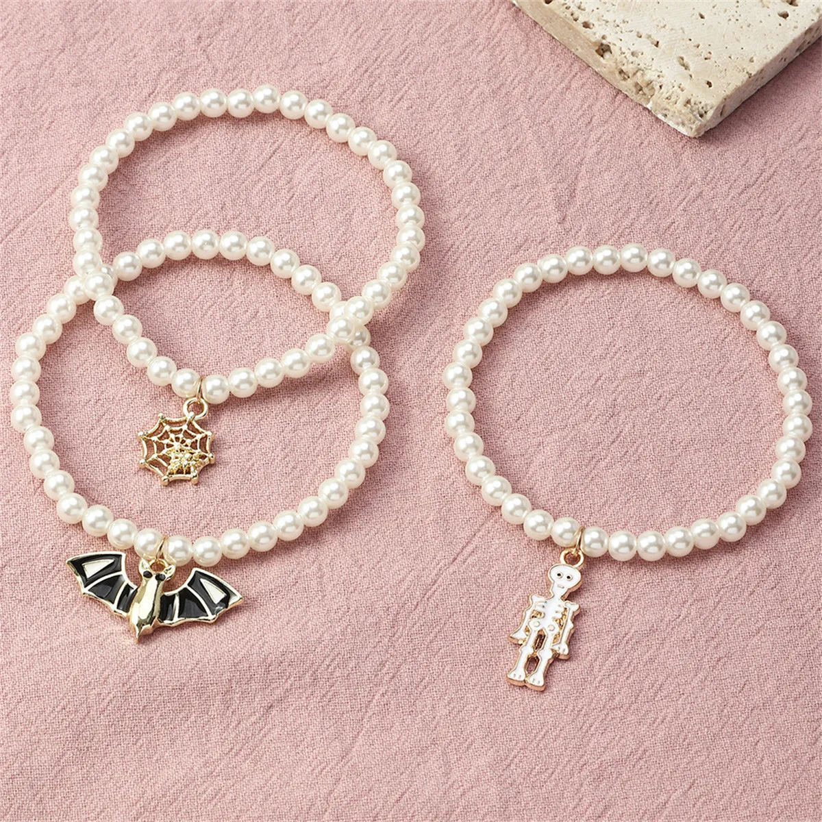 Pearl & Enamel 18K Gold-Plated Bat Stretch Charm Bracelet Set