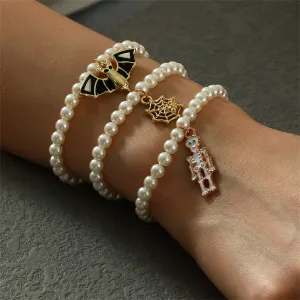 Pearl & Enamel 18K Gold-Plated Bat Stretch Charm Bracelet Set